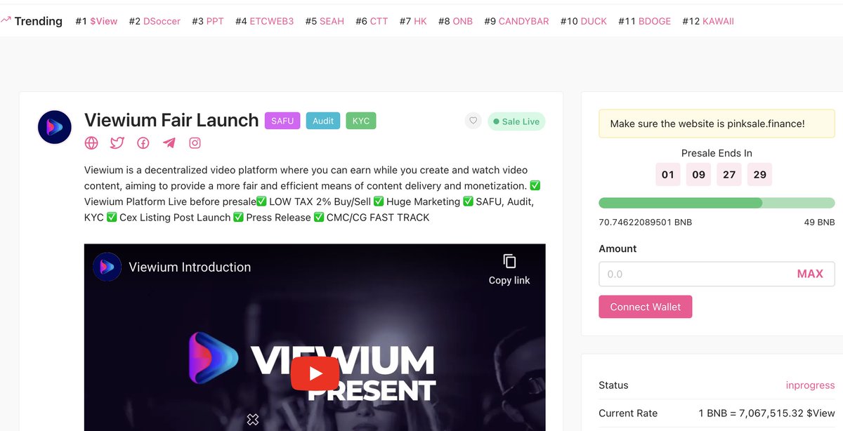 Viewium is now trending #1 on <a href="/pinkecosystem/">PinkSale (Pink Ecosystem)</a> 🔥🔥🔥
70.75BNB raised and Presale ends in 34 hours.
Don't miss the golden opportuniy!

#viewium #pinksale #crypto #bsc #bnb #bitcoin #ContentCreator