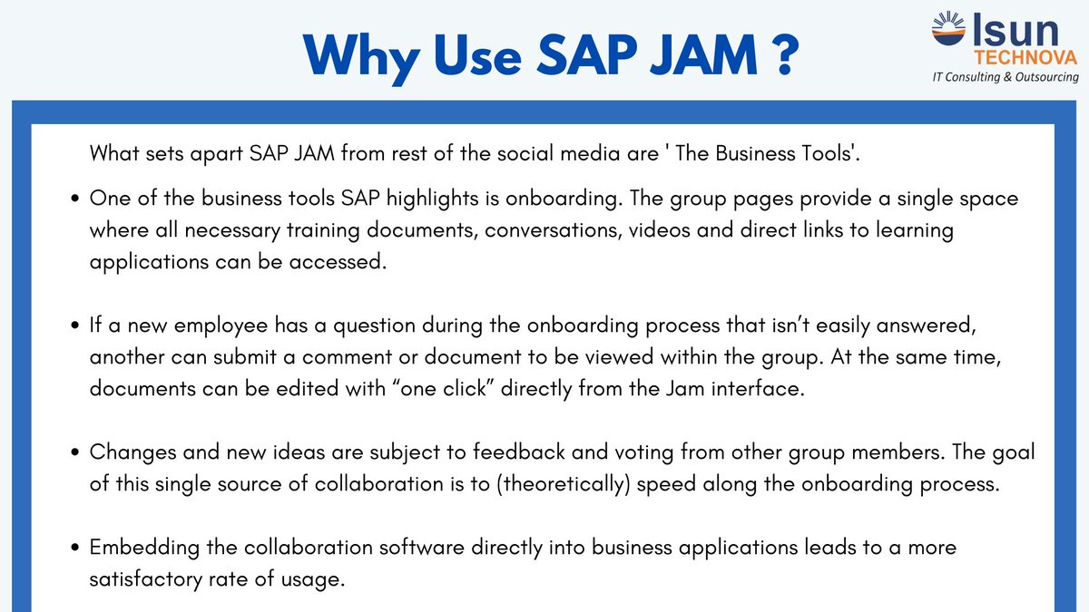 IsunTechnova's tweet image. The goal of the software is to provide a uniform place for users to collaborate across a number of projects, and to make sure they are talking with the right people. 

#GetToKnow about #SAPJam #SocialMediaApp with #isuntechnova