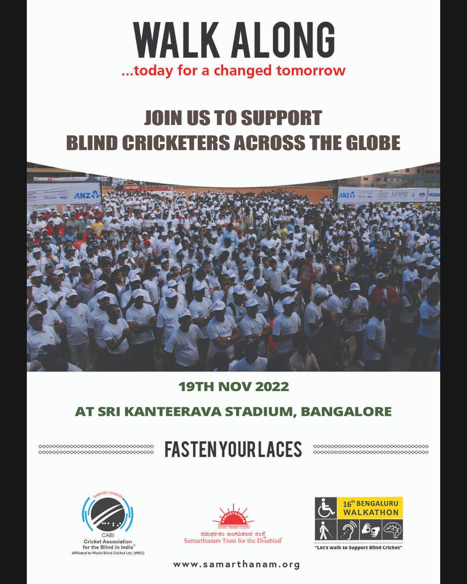 SamarthanamTFTD's tweet photo. Youth? Senior Citizens? Disabled?
It doesn’t matter. It’s the attitude that matters. Join us for Bangalore’s hottest event!
Be a part of Samarthanam’s 16th Walkathon in support of blind cricketers!
#walk4acause #walk4blindcricket
#walkathon #blindcricket #disabilityawareness https://t.co/JLsMCHUqjH