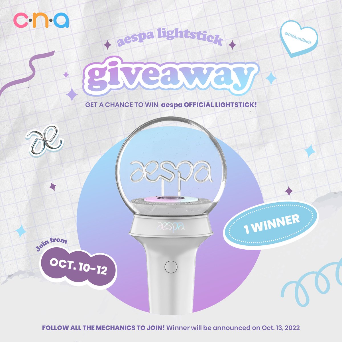 cnaphils's tweet photo. Bring your fangirling/fanboying to the next level #MYs and win this #Aespa Official Lightstick now! 

Mechanics:
☄️ Follow (@CNAPhils) Twitter
☄️ Like and Retweet
☄️ Answer: Who's your bias in Aespa + #CNAESPA and #CNA_UnliBait

Until Oct. 12. For 🇵🇭 residents only

#Giveaway https://t.co/GcwAThA4OM