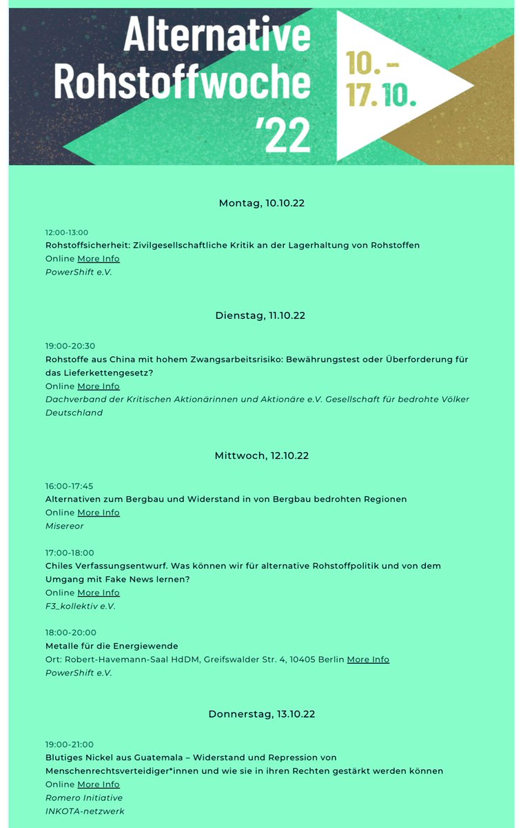 Heute beginnt die 4. Alternative Rohstoffwoche #ARW22 im Vorfeld zum #Rohstoffgipfel #RoGi22 am 18.10. 

Zahlreiche Veranstaltungen zu den gegenwärtigen Herausforderungen in der dt #Rohstoffpolitik und der Notwendigkeit einer #Rohstoffwende

Mehr Infos: ak-rohstoffe.de/veranstaltunge…