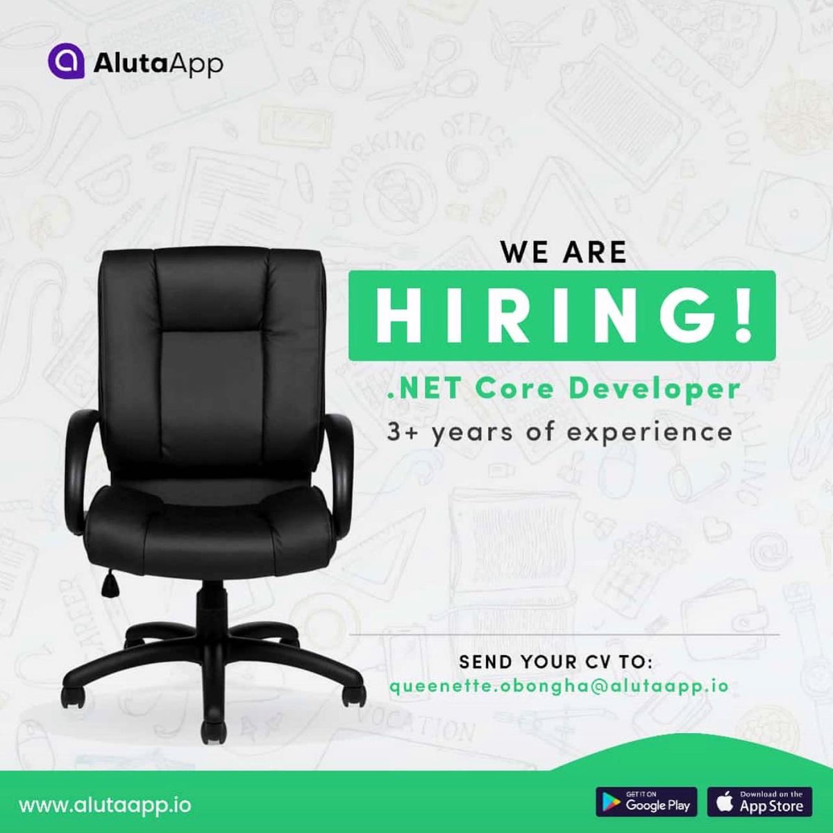 AlutaApp's tweet image. AlutaApp is hiring a .Net core Developer send your Cv to queenette.obongha@alutaapp.Io
#hiring #jobvacanciesinnigeria #netcoredeveloper #alutaapp