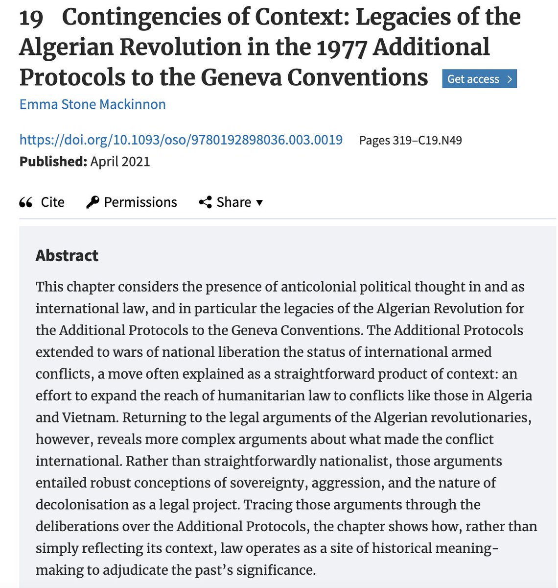 still one of the best, if not the best, historical analysis/-es of the Algerian Revolution and its international legal thought dimensions - by <a href="/emmasmackinnon/">Emma Stone Mackinnon</a>. Such a great chapter!

academic.oup.com/book/39838/cha…