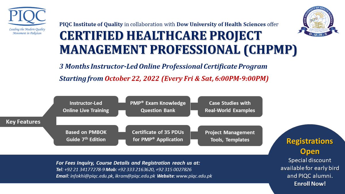 Dow_Uni's tweet photo. Certified HealthCare Project Management Professional (CHPMP)
3Months Instructor-Led Online Professional Certificate Program
Starting From October 22, 2022 (Every Fri & Sat, 6:00PM - 9:00PM)
#duhs #CHPMP #PIQC https://t.co/DUisVvDnPl