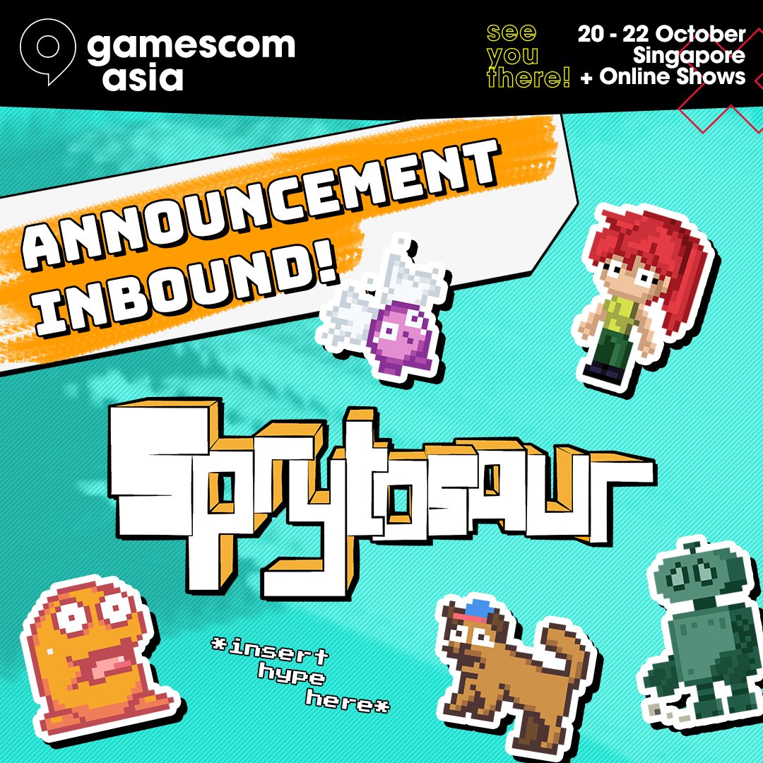 sprytosaur's tweet photo. Hey! So, we're turning up at Gamescom Asia! (20-22 October, Singapore) We also have an announcement for the beginning of the event, so stay tuned!

#Gamescom #IndieGameDev https://t.co/0o2OMflNYN