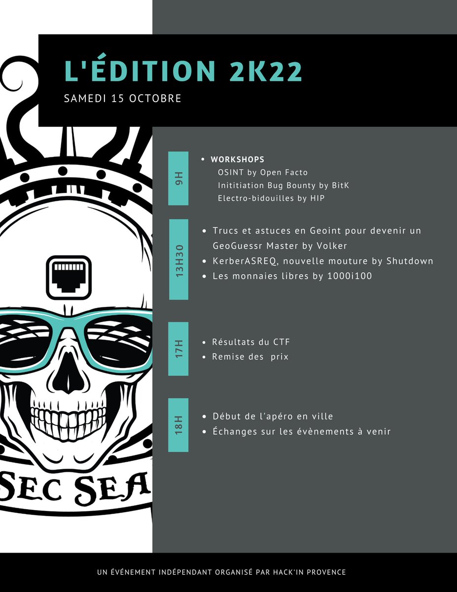 Dans quelques jours aura lieu notre événement #hack annuel. Cette édition se déroulera cette année encore dans le magnifique cadre de l'Eden cinéma théâtre de la Ciotat. Voici la programmation de ces deux journées placées sous le signe du partage. Infos:
helloasso.com/associations/h…