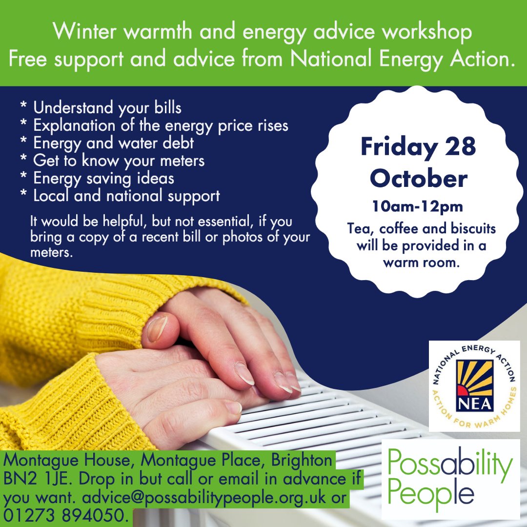 If you or someone you know or support is worrying about energy and staying warm this winter, please tell them about our workshop with <a href="/NEA_UKCharity/">National Energy Action</a> in #Brighton later this month. It's free with hot drinks in a warm room. #energycrisis #staywarm #energyadvice