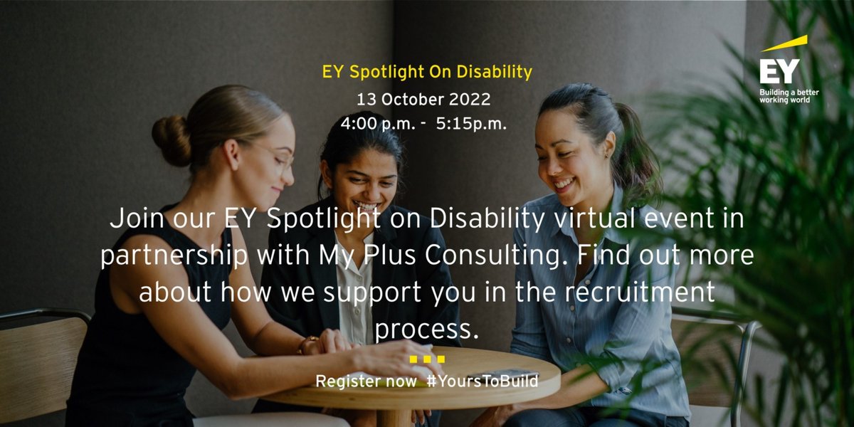 Jobradyconway's tweet photo. We want everyone who joins EY to feel that they belong. 

We’re holding a webinar for students with a disability or health condition who are interested in finding out about careers with EY.

Find out more and sign up: https://t.co/GmBQkxBMxD https://t.co/J26FGyOHnG