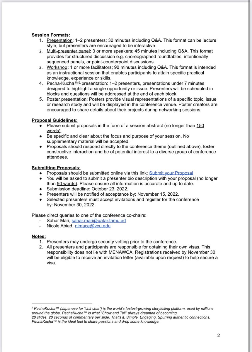 Take a look at our CFP 👀

MENAWCA 2023 Biennial Conference

Writing Centers: Multidisciplinary and Multimodal Spaces for Engagement

8–10 February 2023
Education City, Doha, Qatar

Deadline for Submissions: 23 October 2022