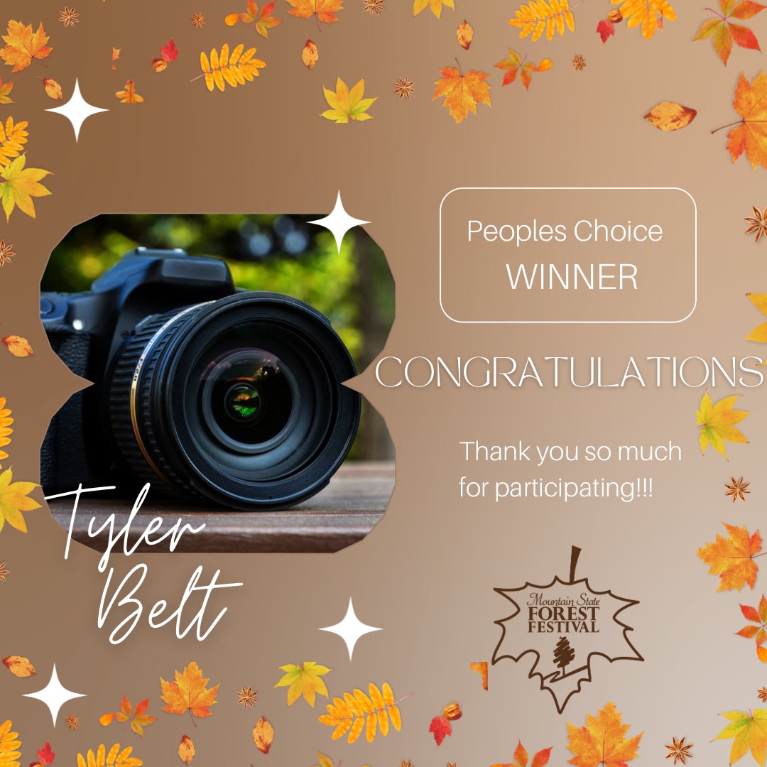 ForestFestWV's tweet photo. Congratulations to People’s Choice Award Winner for Photography, Tyler Belt!!!!
You may pick up your plaque at Foto 1.
Thank you so much to all of those who participated!!!
#forestfestivalwv #msff2022 #festivebynature #photography #PeoplesChoiceAward #PeoplesChoiceAwardWinner https://t.co/TM224uJAQ6