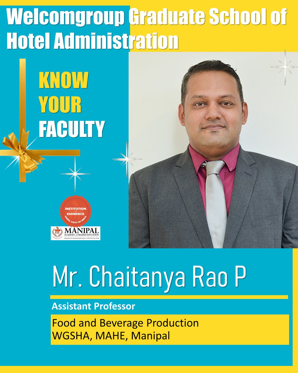 WManipal's tweet photo. Meet Chef Chaitanya Rao Asst Professor, Dept. #FBProduction @WManipal
#BHM Srinivas College of #HotelManagement #Tourism Mangaluru, Diploma in #bakingtechnology - University of Agricultural Sciences, Hebbal, Bangalore
@MAHE_Manipal @ITCHotels
#wgshafaculty #KnowYourFaculty https://t.co/179Rtul3QR