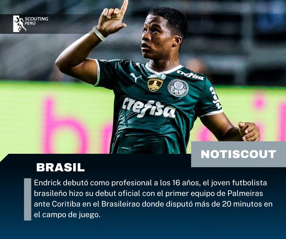 ScoutingPeruOfc's tweet photo. #NotiScout
¡Debutó la joya del Palmeiras! ⚽️💎
Con solo 16 años Endrick Felipe hizo su debut profesional con Palmeiras ingresando en el partido ante el Coritiba por el Brasileirao.
#scouting #futbol #debut https://t.co/ft69hxB0EQ