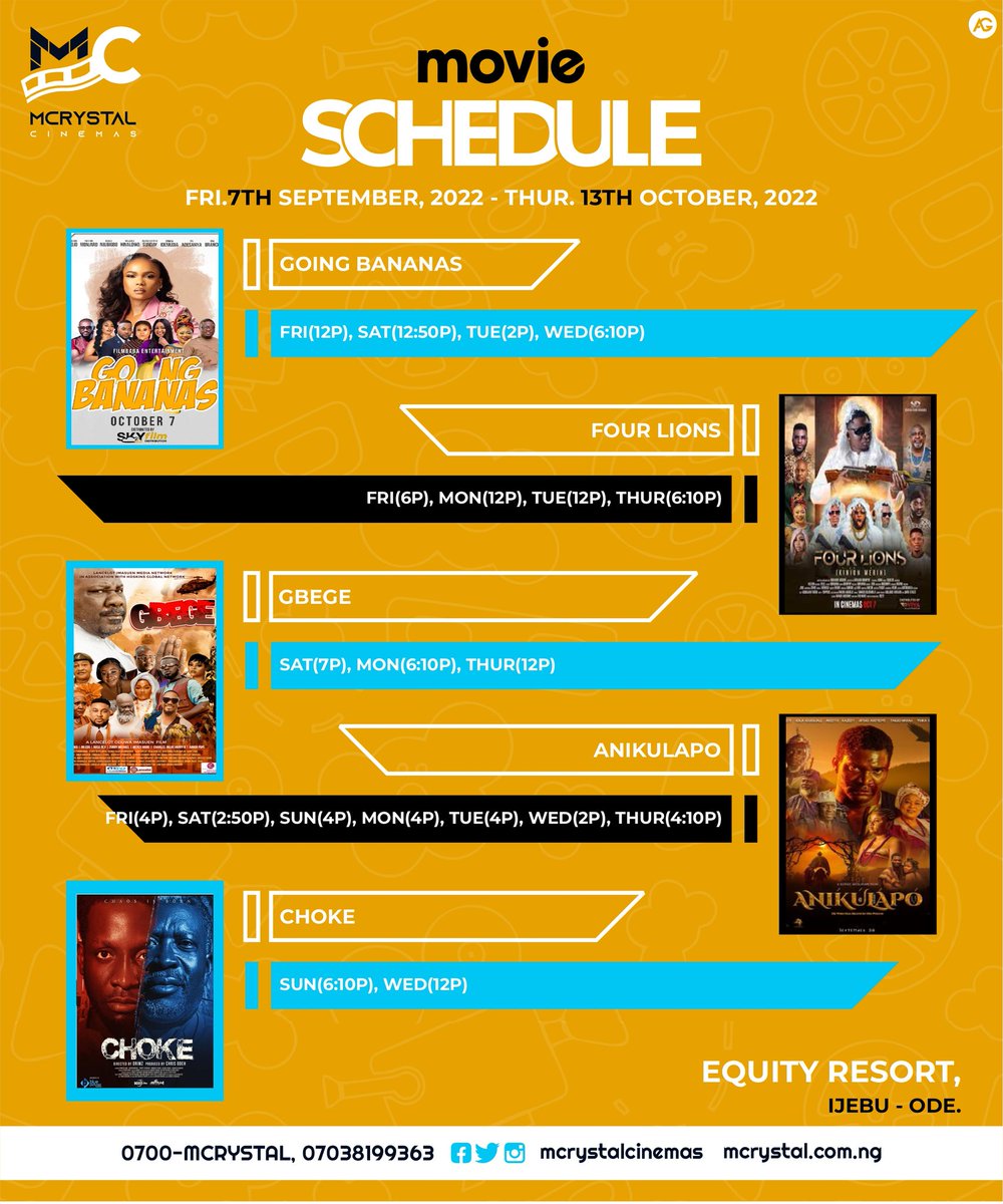 mcrystalcinemas's tweet photo. 7th - 13th Oct
EQUITY RESORT HOTEL, ERUWON ROAD, IJEBU-ODE.
#gbege #goingbananas #fourlions
#anikulapo #mcrystalcinema #movie #cinema #brotherhood #findingireti #blockbuster #KunleAfolayan #jadeosiberu
#abeokuta #sagamu #ijebuode #nowshowing #nollywood #movie2022 #nigeria https://t.co/iMMmqXb0WM