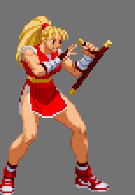 CvsS2で描き起こされたドット絵もパーツに関しては
かなりシンプル ZERO3↑↑版の勝利デモ画面も参照
しましたが やはり不知火舞のエロ特化デザインの
強さを痛感するばかりです

金髪と武神流レッドの組み合わせは秀逸
なのですが・・・ 