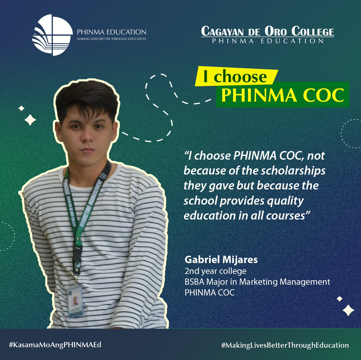 phinmacoc's tweet photo. PHINMA Cagayan de Oro College is Gabriel's choice!

Experience the Affordable and Quality Education at PHINMA COC!

Ikaw, Why did you choose PHINMA COC?
Share your answers in the comment section below.

#KasamaMoAngPHINMAEd
#MakingLivesBetterThroughEducation https://t.co/q5upZ9YIQ9