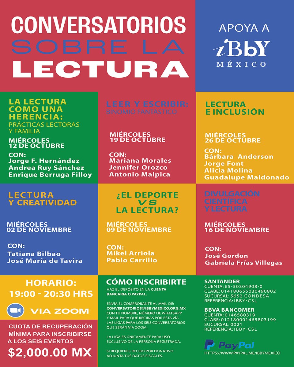 🚨Ibby México te invita a los seis “Conversatorios sobre la lectura”. 

ibbymexico.org.mx/conversatorios…

 ¡Espera la programación! Juntos sigamos construyendo un mundo de lectores #conversatoriosIBBY #lecturaycreatividad