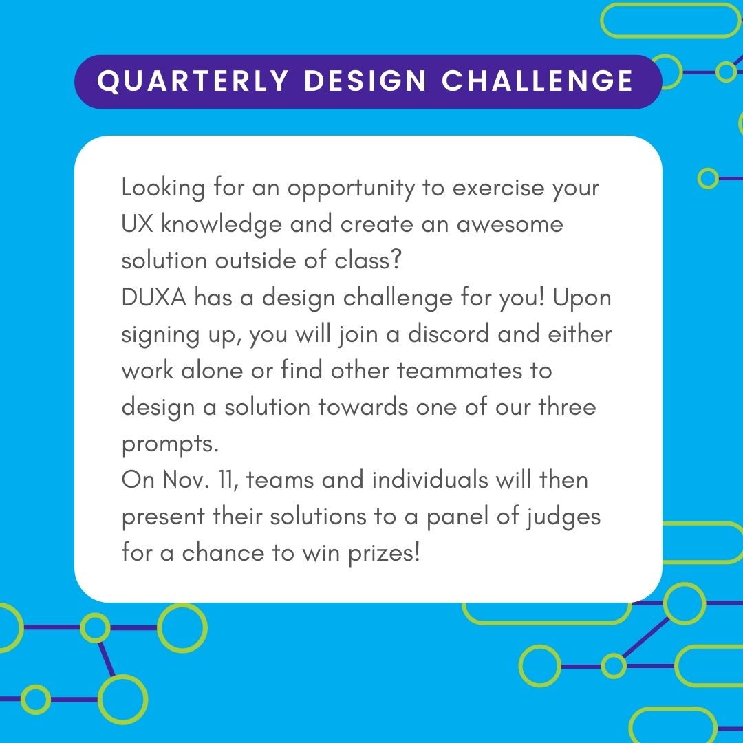 duxadepaul's tweet photo. Announcing DUXA’s Fall Quarter Design Challenge!

Deadline to apply for the Fall Quarter Design Challenge is Friday, October 14th

Register Here: https://t.co/RwndjmOAqD https://t.co/KF0lhZ7s8h