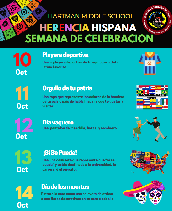 hartman_ms's tweet photo. In celebration of #HispanicHeritageMonth, We are recognizing the cultures &amp; countries during Spirit Week starting October 10th. Let's Celebrate Pirates https://t.co/ocKYaglWGM