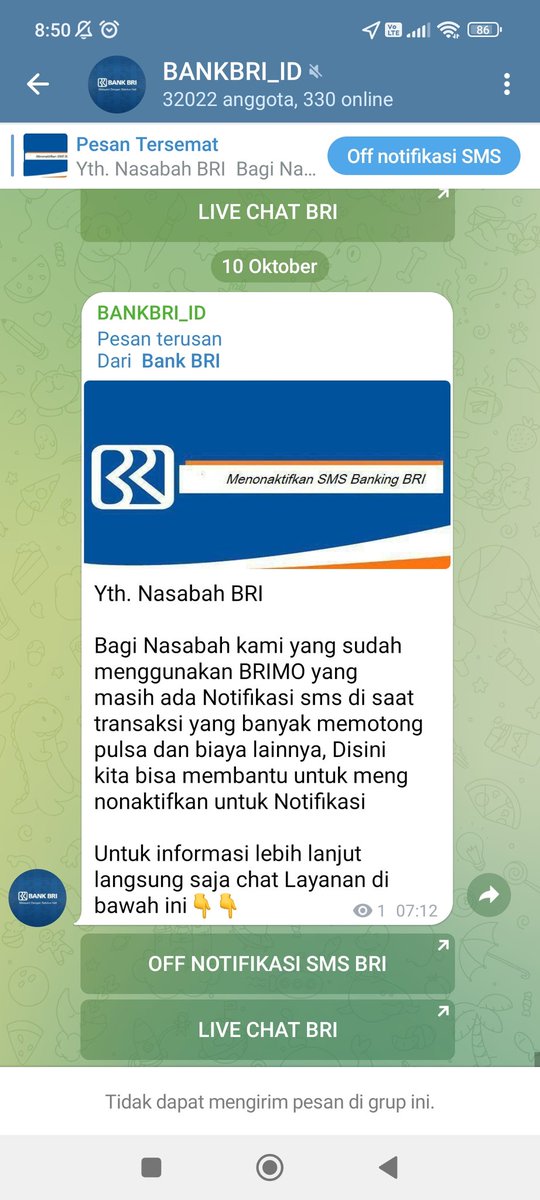 Kaaliberty's tweet photo. Dear @BANKBRI_ID ini sangat meresahkan sekali. Sudah saya laporkan ke pihak @telegram tapi sepertinya belum di blokir karena akun jelas masih aktif https://t.co/s8xH14owgc