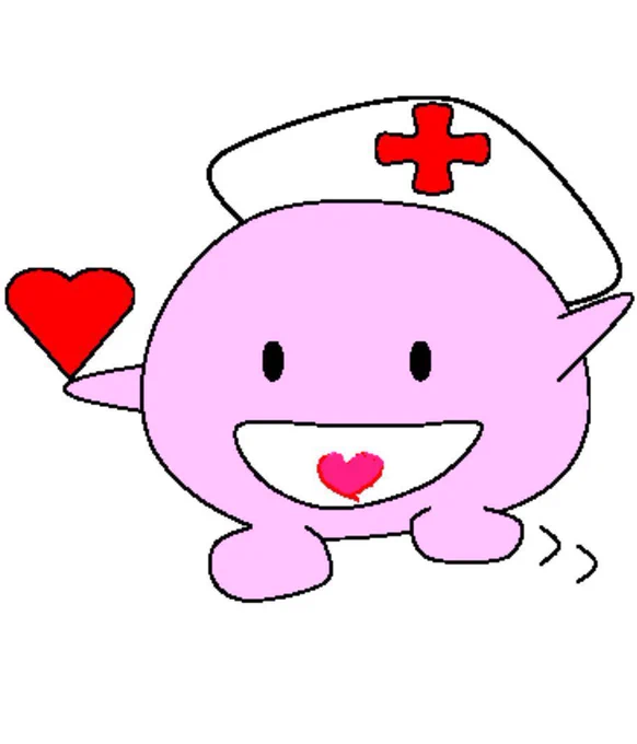 Kokoron-chan, a spherical pink nurse with one heart in her mouth and another balanced on her hand, is the blood donation mascot for Iwate, Japan. 