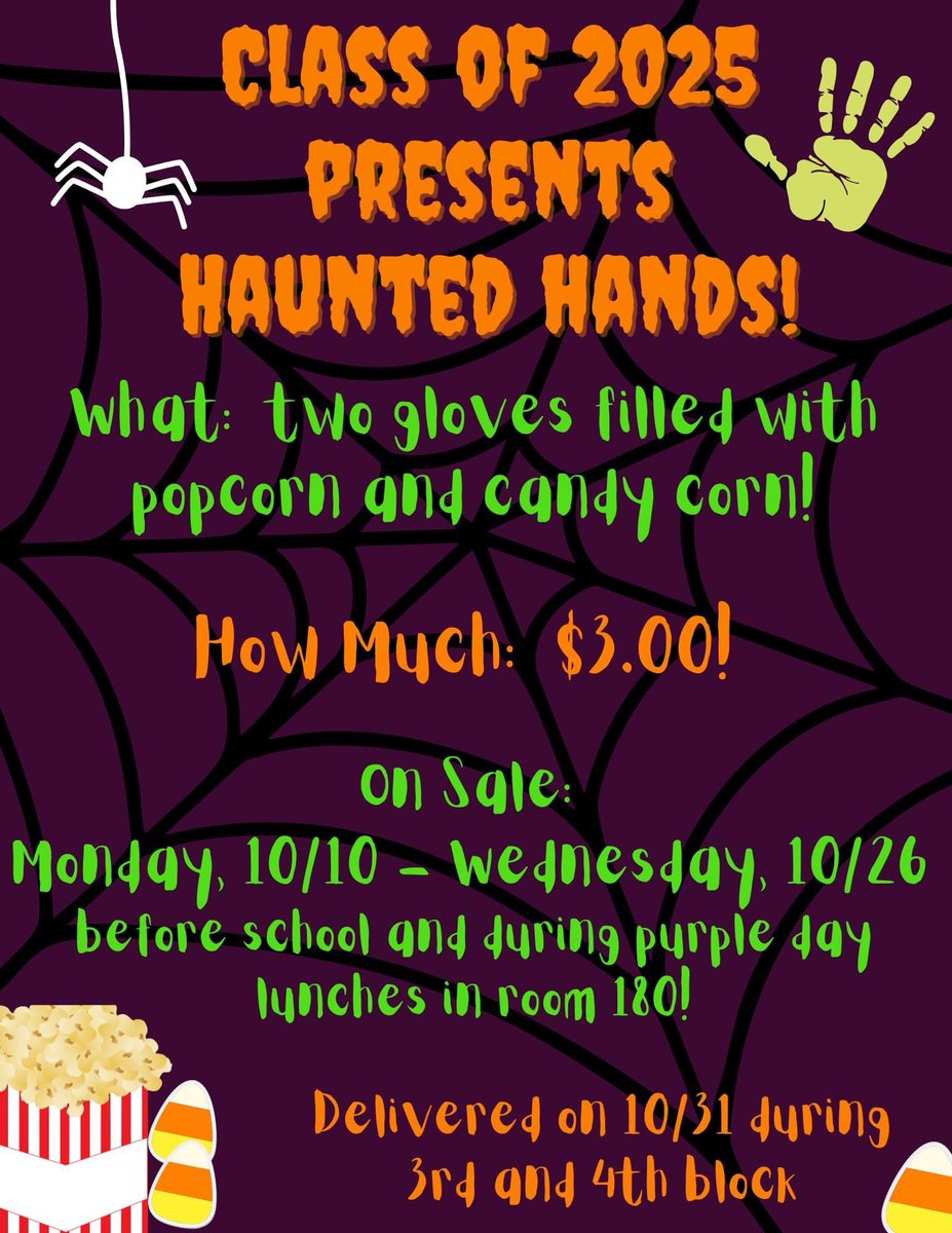 Support the Sophomore Class of 2025!
This is a fundraiser for our class… stop by room 180 to purchase your friend(s) or your own Haunted Hands for $3 which will be delivered on Monday, 10/31 during 3rd or 4th hour. <a href="/sphsactivities/">SPHS ACTIVITIES</a>