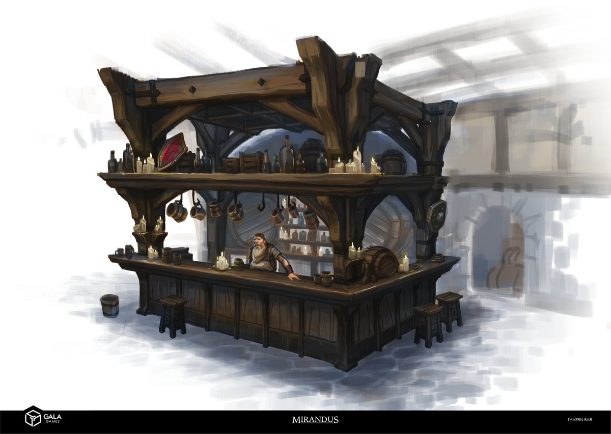 MirandusGame's tweet photo. "How can I quench thy thirst, weary traveler?" 🍺

The taverns are coming along reaaal nice in the art department. 😌

#Mirandus #ConceptArt #Taverns https://t.co/Euj2iMqKns
