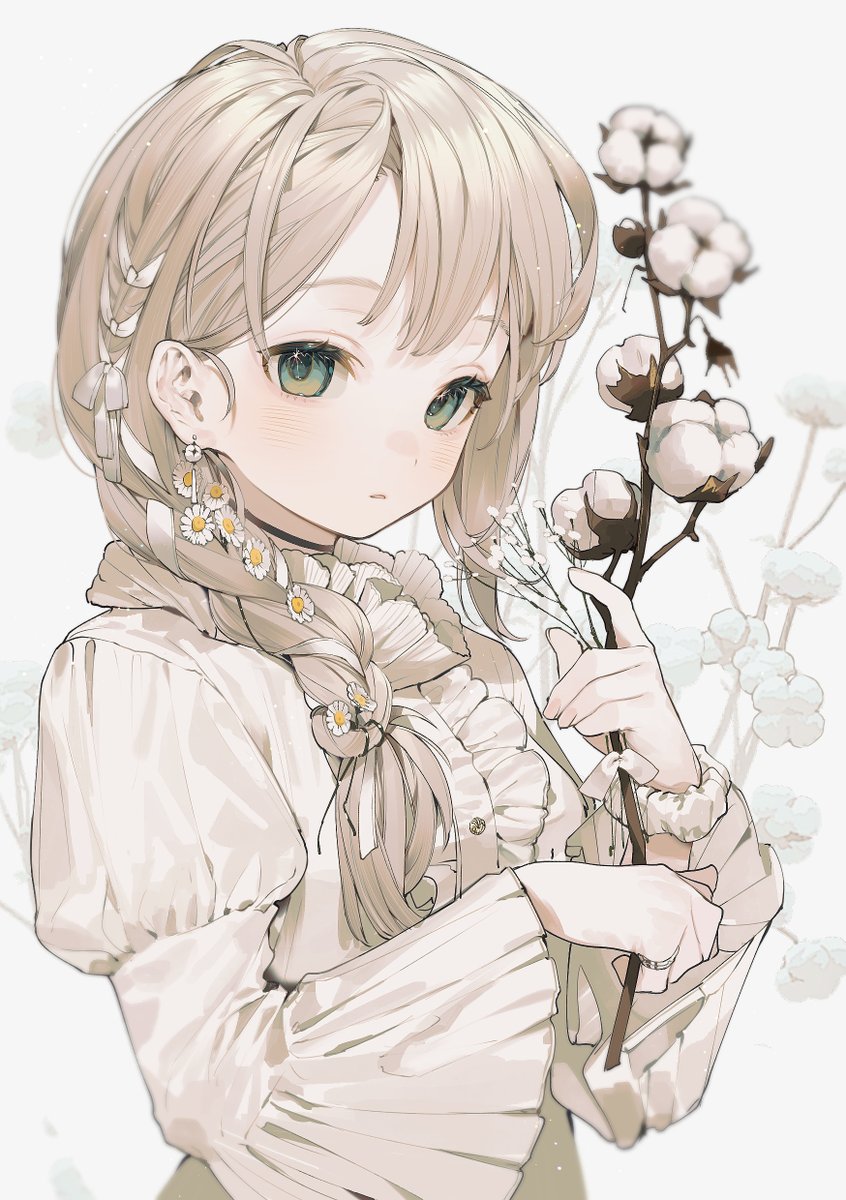 1girl solo flower braid long sleeves holding green eyes  illustration images