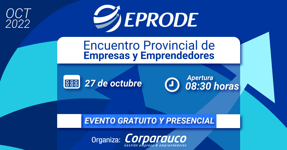 Participa de la VII versión del 𝐄𝐧𝐜𝐮𝐞𝐧𝐭𝐫𝐨 𝐏𝐫𝐨𝐯𝐢𝐧𝐜𝐢𝐚𝐥 𝐝𝐞 𝐄𝐦𝐩𝐫𝐞𝐬𝐚𝐬 𝐲 𝐄𝐦𝐩𝐫𝐞𝐧𝐝𝐞𝐝𝐨𝐫𝐞𝐬 #Eprode2022, evento gratuito que reunirá a todo el ecosistema emprendedor de la provincia de Arauco.🚀💪
Registrate 👉🔗 cutt.ly/NBieq0B 👈
