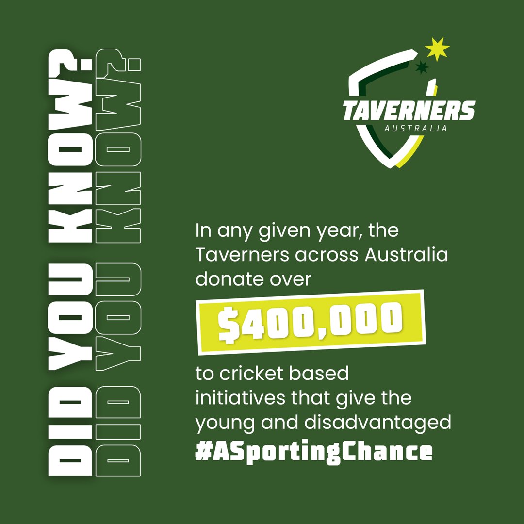 DID YOU KNOW? In any given year, the Taverners across Australia donate over $400,000 to cricket based initiatives that give the young and disadvantaged #ASportingChance. Anyone can support the Taverners by donating to the #GiveASportingChance Fund - visit taverners.org.au