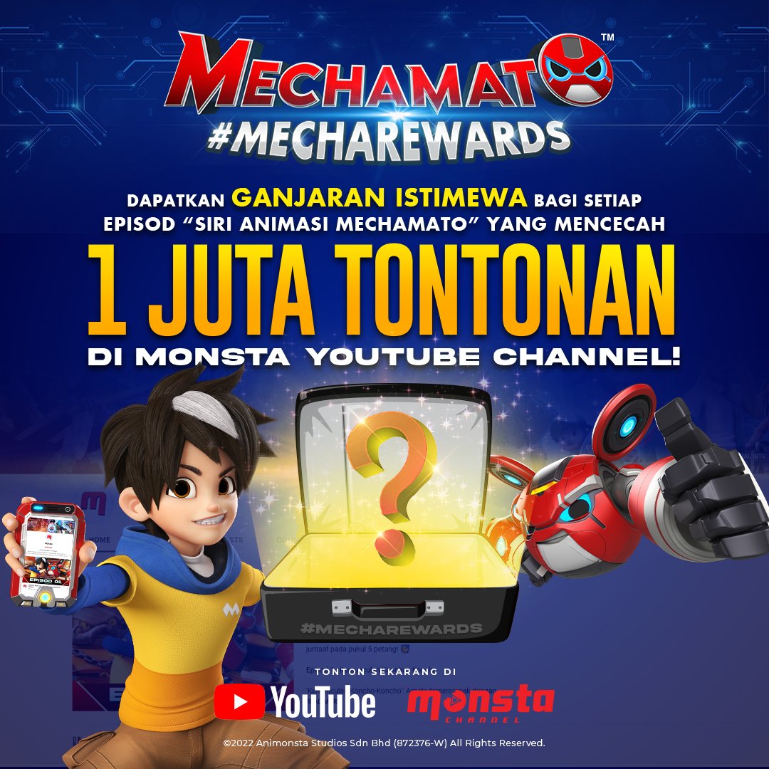BoBoiBoy's tweet photo. 🎁 UNLOCK #MECHAREWARDS ‼️
Bila sampai 1 juta tontonan, ganjaran istimewa akan diberikan! Cepat, tonton #Mechamato di Monsta Youtube Channel hingga cecah '1Mil views' SEKARANG!
👉 https://t.co/ftUb5XBCgL https://t.co/JFMbBKmpsX