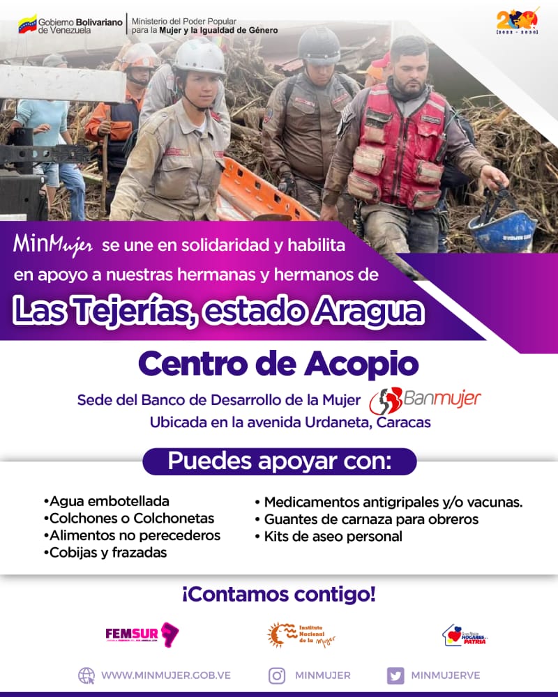 d_guzmanl's tweet photo. Hacemos un llamado a las mujeres para solidarizarnos con nuestras hermanas y hermanos de Aragua, hemos convocado a garantizar el apoyo necesario para nuestro pueblo en la sede de @BanMujer_Ofi en la Av. Urdaneta Caracas y todas las sedes de @MinMujerVe en el país. https://t.co/zOHTaXYL1G