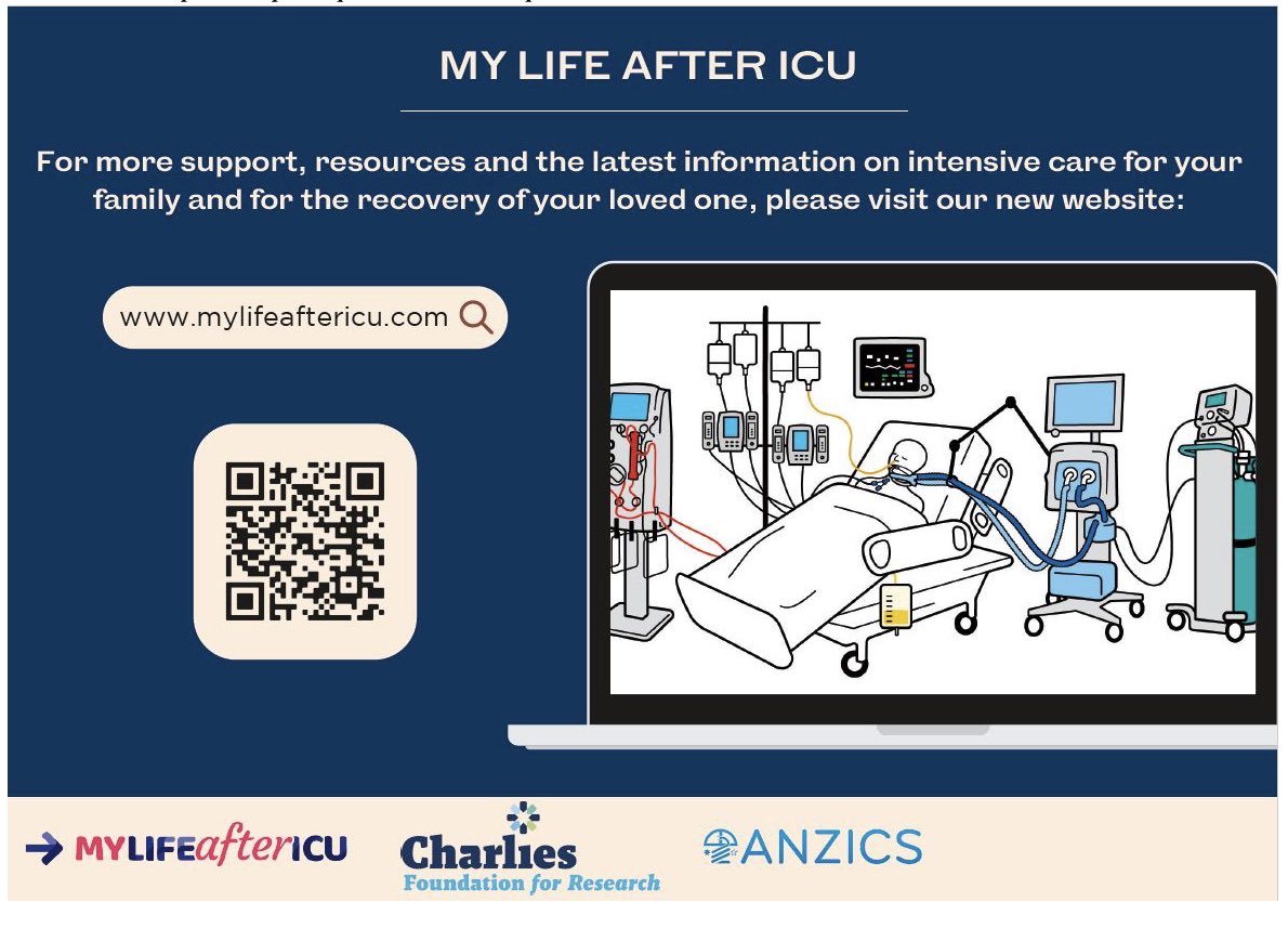 Great way to partner with our patients and empowering them with consistent message and understanding during difficult times. Thank you to this @anzics working group, with a poster for download : mylifeaftericu.com