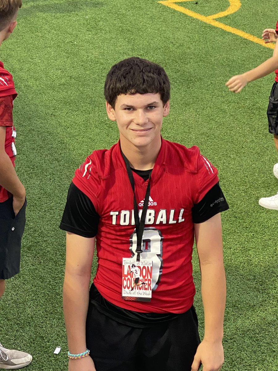 EmilyCourcier's tweet photo. Landon has such a great time in the sidelines of Friday’s night win against Waller! #dudeoftheweek @GLJH_Athletics @FootballTomball https://t.co/AuFB4X5BHZ