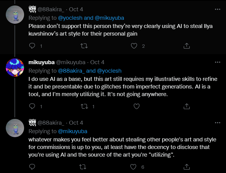 iah_fy's tweet photo. @mikuyuba Very deceptive to post without disclosing the use of AI (feeding AI to copy the style of a popular artist) and painting over the imperfections to pass it off as a genuine piece you did. 
 
Not to mention you're doing paid commissions for these? wack https://t.co/DSbWxTa9vb