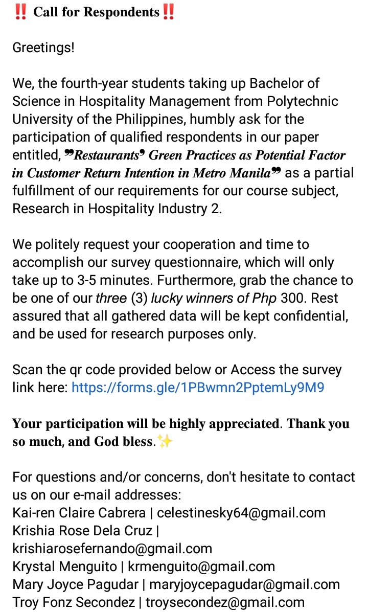 rupokforjanina's tweet photo. ‼️Call for Respondents ‼️

We humbly ask for the participation of qualified respondents in our paper  as a partial fulfillment of our requirements for our course subject, Research in Hospitality Industry 2. 

Thank you!! :) 

https://t.co/BErl6jjIwL https://t.co/6TF7vjxnVx