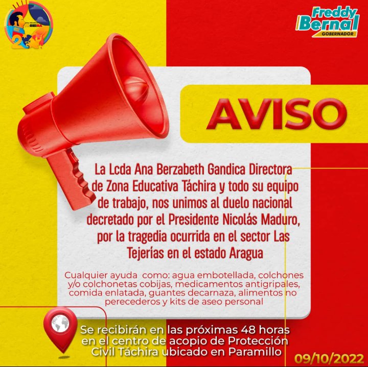 La Zona Educativa Táchira a cargo de la Vida <a href="/Berzabethg1/">Berzabethgandicaoficial</a>
se une al #DueloNacional por las pérdidas humanas ocurridas en Las Tejerías 🇻🇪 invita a la solidaridad! 
Centro de acopio en sede de <a href="/PCivilTachira/">PCivilTáchira</a> #SanCristobal

facebook.com/10001294432598…