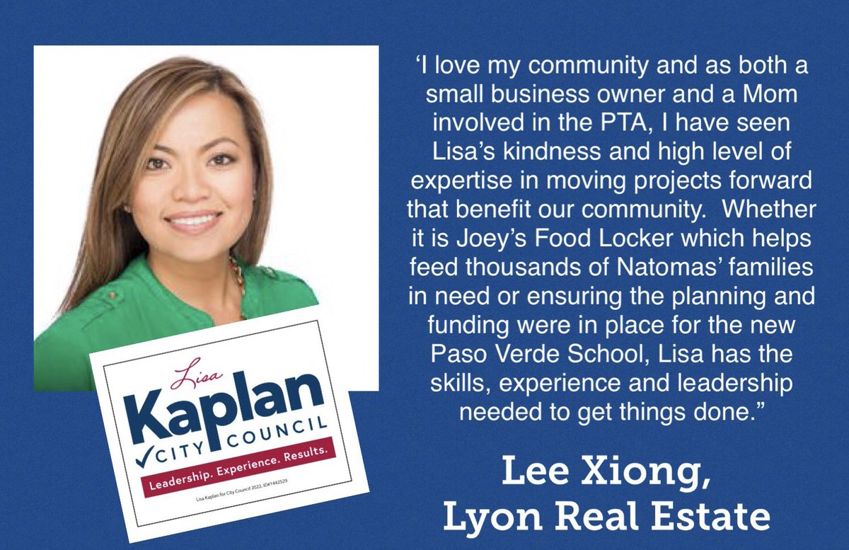 CM_LisaKaplan's tweet photo. Honored to have the support from community leaders we trust. Visit https://t.co/I2inAL6Sq8 - I would be honored to earn your vote! #natomas #robla #natomaspark #heritagepark #regencypark #sundancelake #westparke #westlake #northlake #creekside #hamptons #kaplan https://t.co/nBUrfibR1H