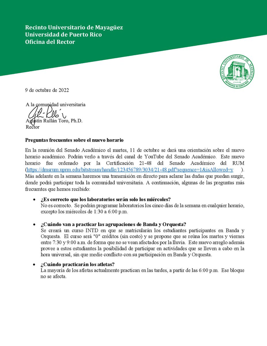 uprm's tweet photo. El rector @RullanAgustin  informa sobre preguntas frecuentes sobre el nuevo horario. https://t.co/8ukZGeN95M