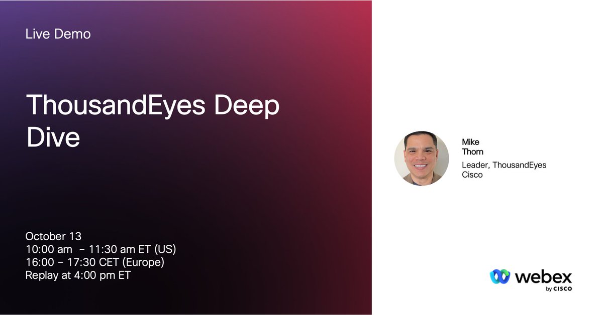 Join a live demo to experience how collaboration devices enable the ultimate #hybridwork experience for home offices. Mike Thorn will showcase how #ThousandEyes is combining bidirectional visibility &amp; network monitoring into the Webex environment.🔽 
 
cs.co/6015M57pd