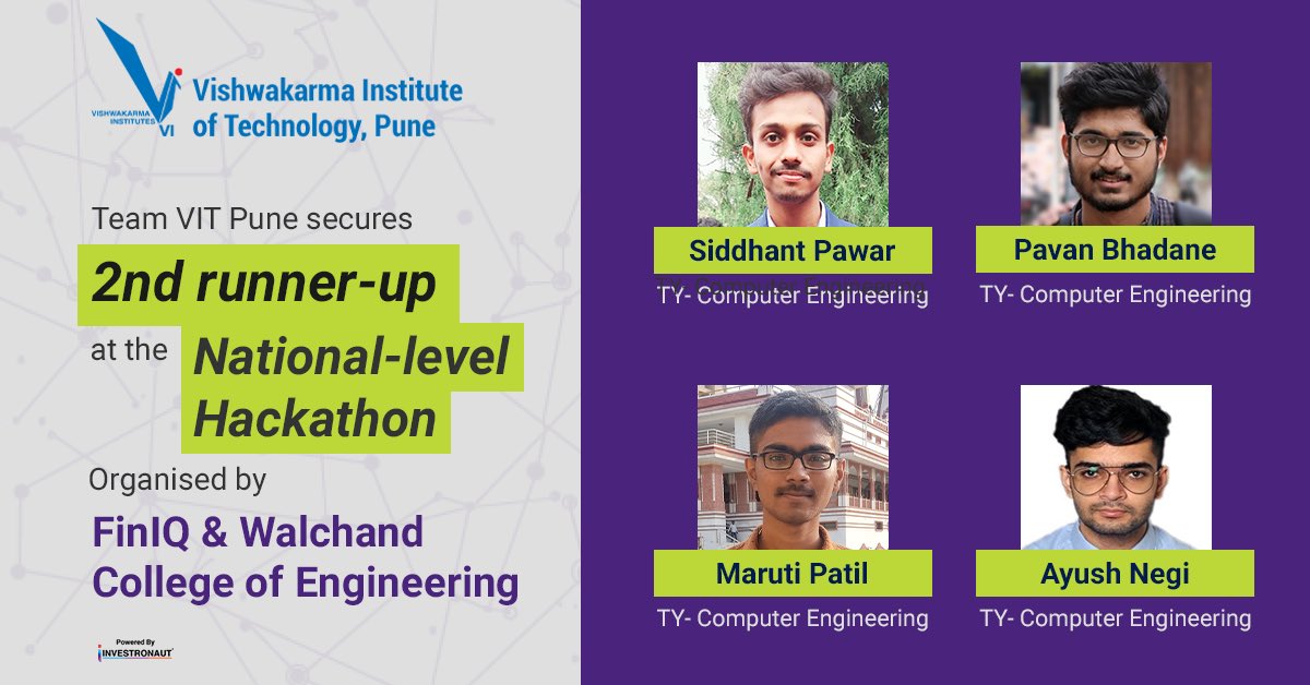 vit_college's tweet photo. Congratulations, Team VIT Pune, on securing 2nd runner-up at the National-level Hackathon, Organised by FinIQ & Walchand College of Engineering.
#nationallevelhackathon #VITPune #engineering #engineeringstudentslife #informationtechnology #punekars #punediaries https://t.co/xDUOUyJbuu