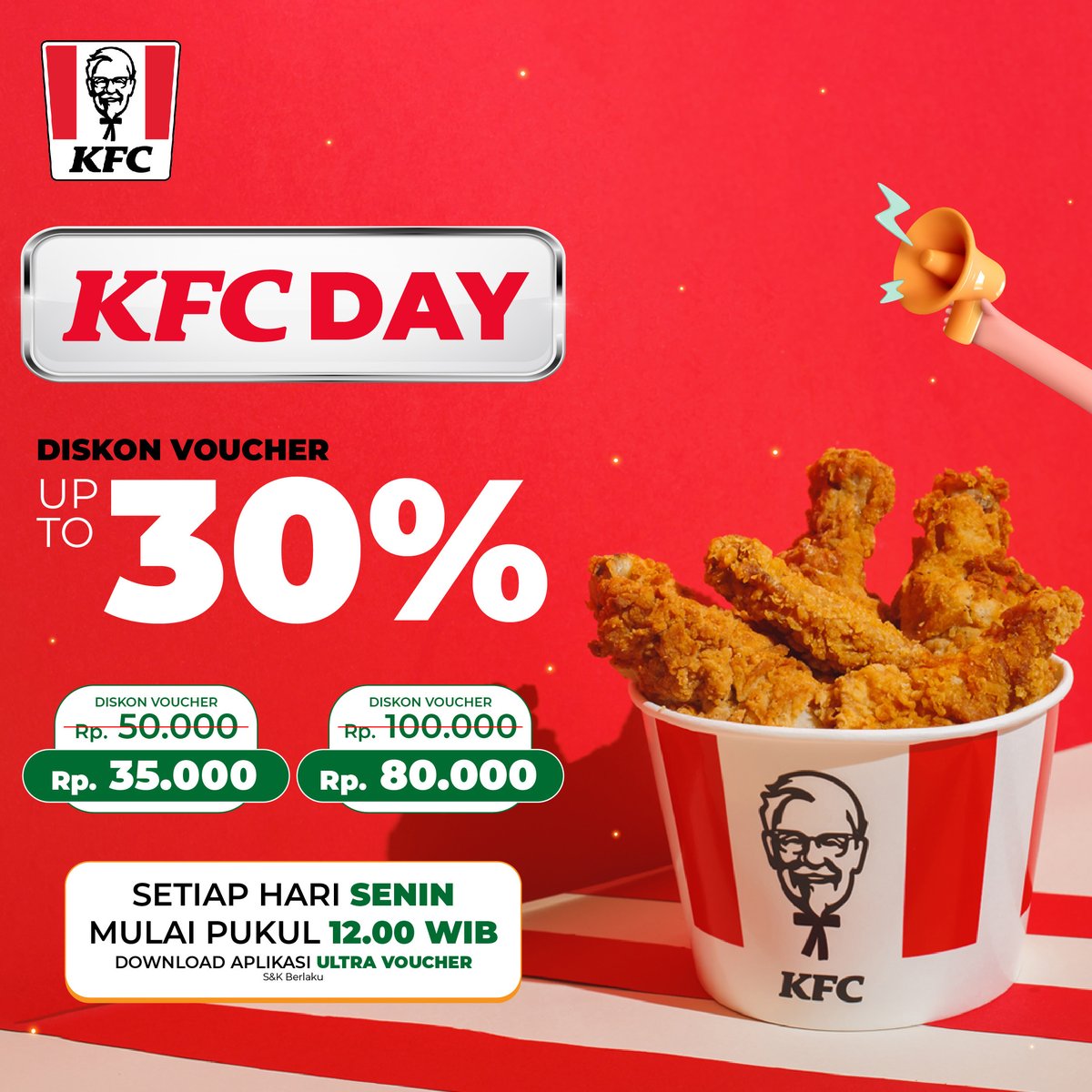 ultra_voucher's tweet photo. Yeay, Senin waktunya KFC DAY! 

Yuk makan di @KFCINDONESIA  #PakaiUltraVoucher, diskonnya up to 30%!

Download aplikasi Ultra Voucher dan nikmati promonya mulai jam 12:00 WIB ya🥳

#UVCR #PakaiUltraVoucher #KFC #KFCIndonesia #promokfc #voucherdiskon #vouchermurah #vouchermakanan https://t.co/ZyEdlDSrwC