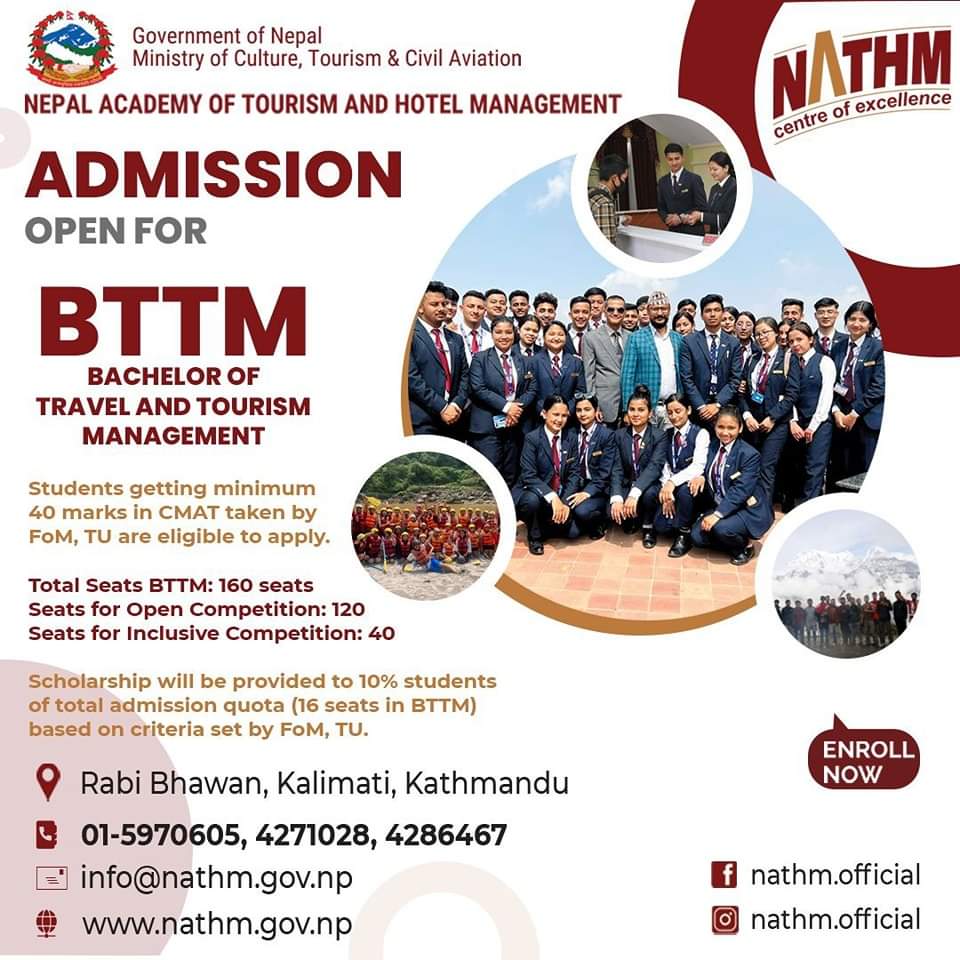 NewModelEdu's tweet photo. Nepal Academy of Tourism and Hotel Management - NATHM announces admissions open for BTTM program.
The last date to apply is 31 Ashoj, 2079.
#BTTM #NATHM #AdmissionsOpen #TU #CMAT #Travel #Tourism #StudyInNepal #Nepal https://t.co/w0vQyiyFG0