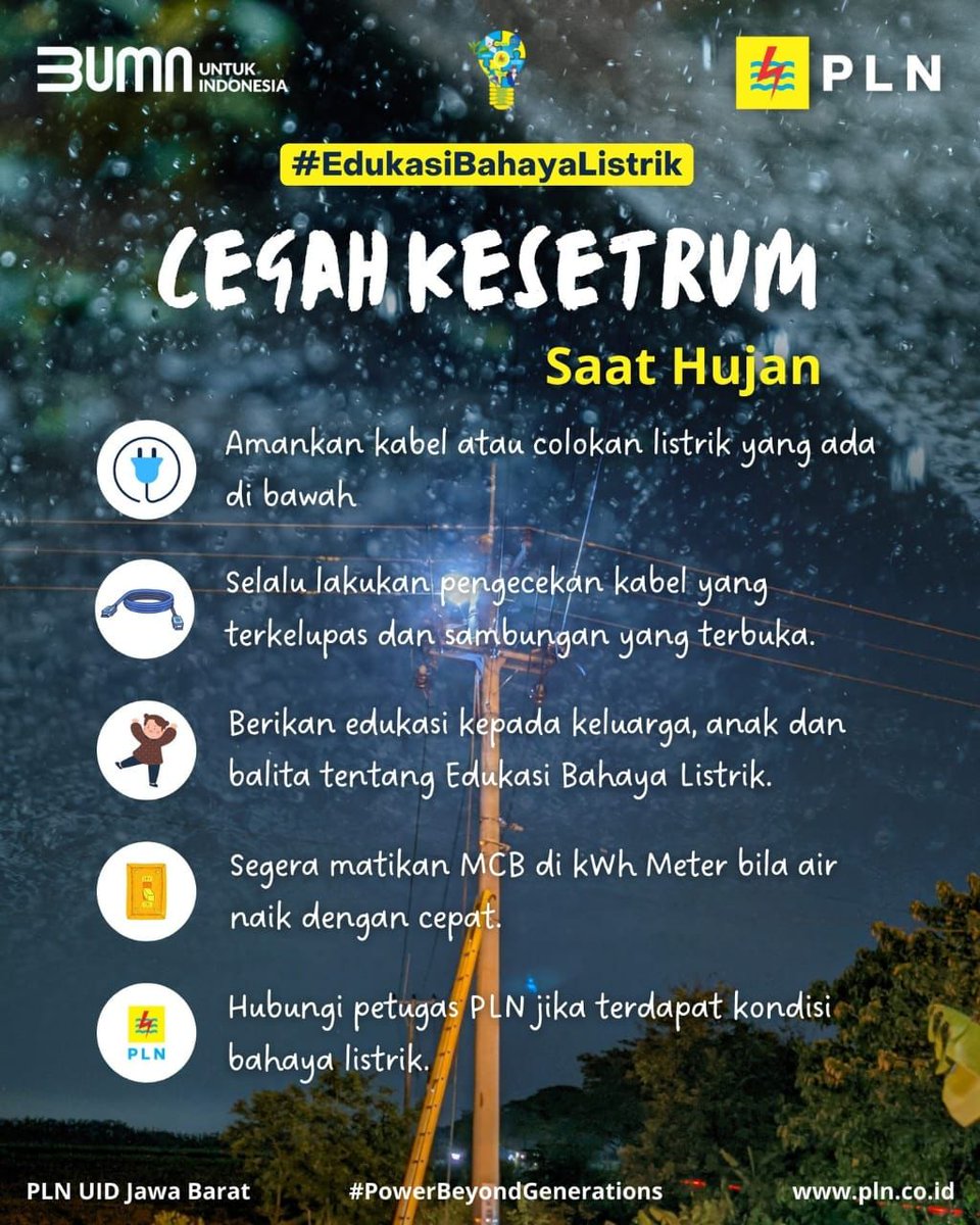 Electrizen, akhir2 ini pasti di tmpt tinggal kalian sering turun hujan kan? Tak jarang mengakibatkan banjir n aliran listrik padam. 

Yuk kita jaga keselamatan n keamanan bersama dari bahaya listrik yg bisa merugikan diri sendiri n org lain
#PowerBeyondGenerations
#PLNAtasiBanjir