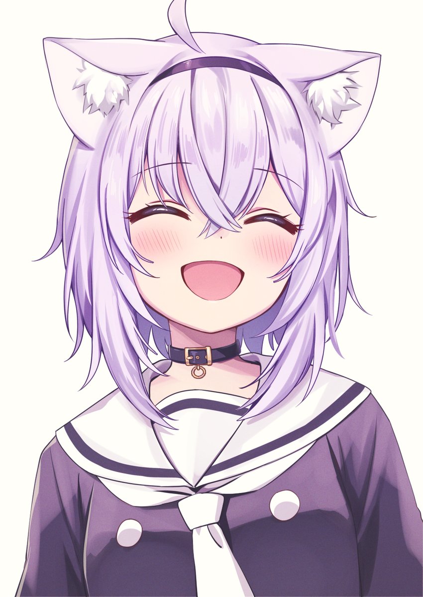 nekomata okayu 1girl animal ears solo cat ears closed eyes smile white background  illustration images