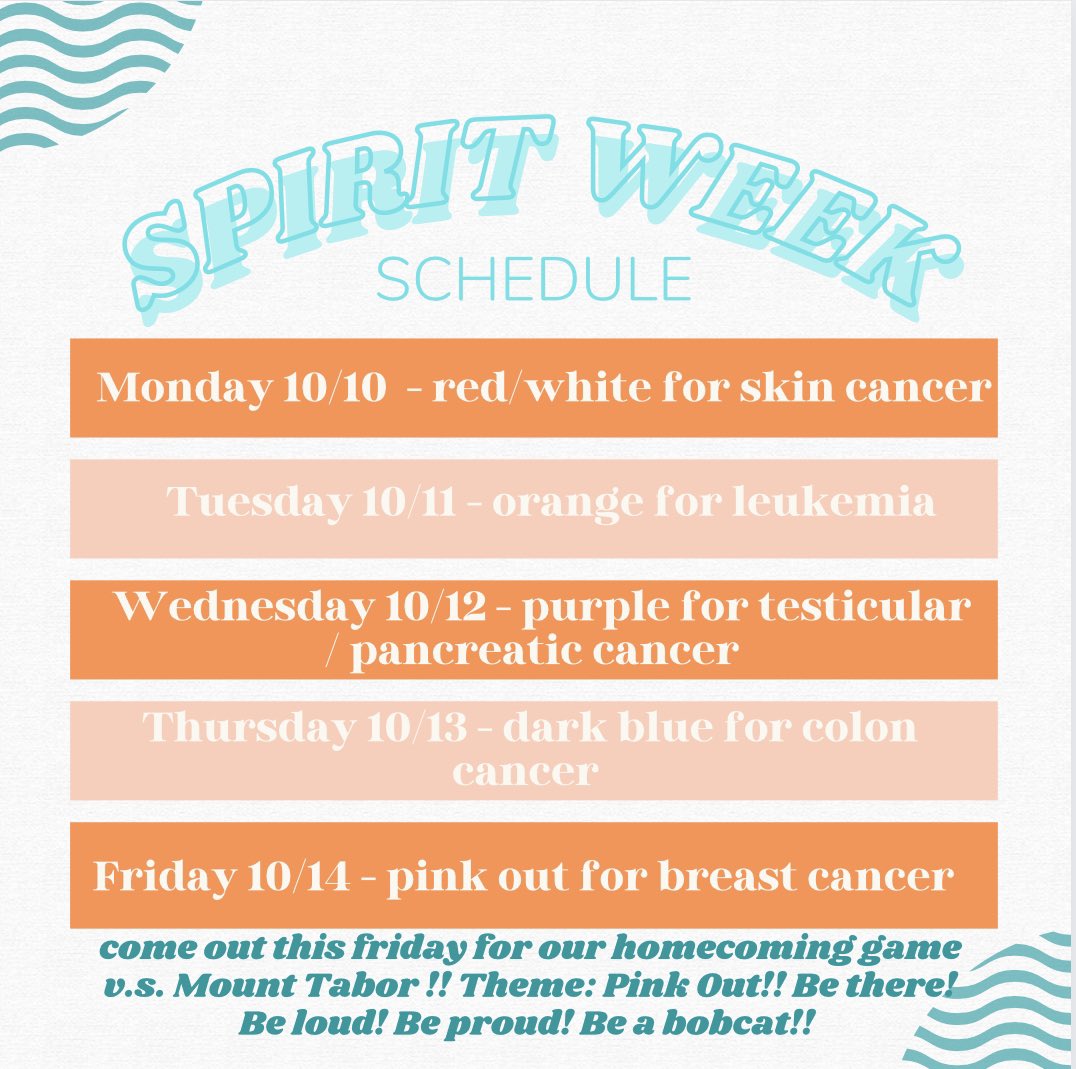GHShooligans20's tweet photo. ⚠️attention all GHS students⚠️ we wanna see you pop off this week for our spirit week themes!! ALSO: mark your calendars for this upcoming Friday’s homecoming game versus Mount Tabor at the water tower📍Theme for this Friday’s game is PINK OUT🎀 https://t.co/xkkPztxxeb