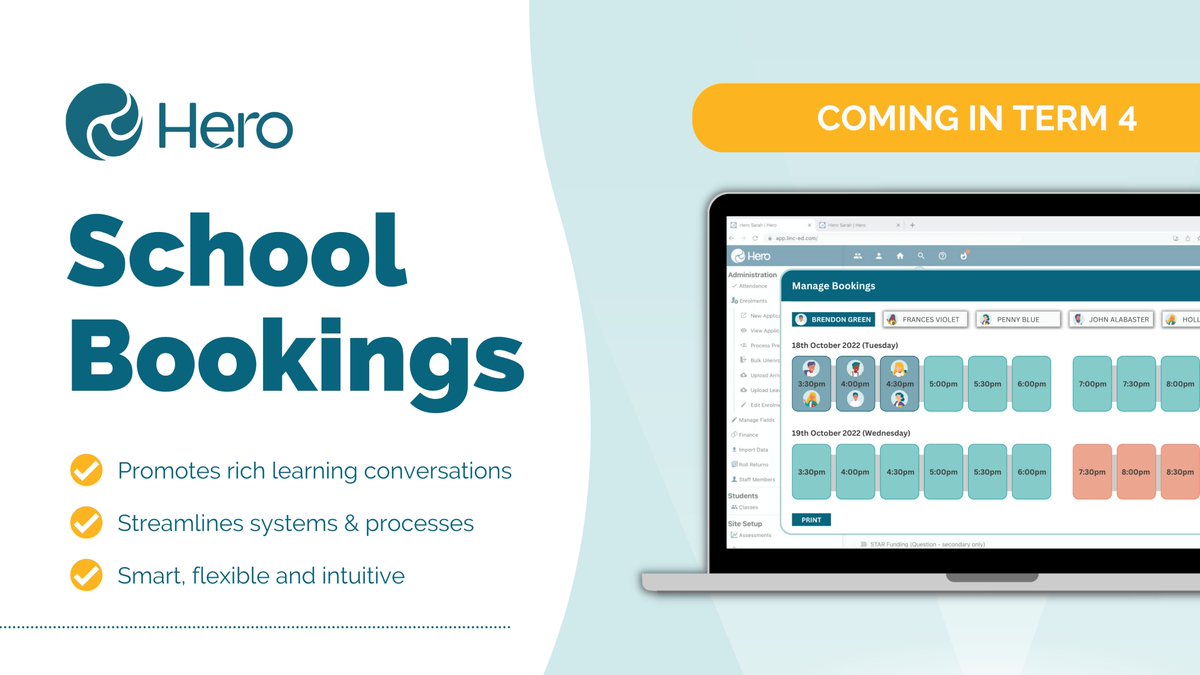 heroforschools's tweet photo. There’s a buzz happening at Hero HQ, as we ramp up to release a highly anticipated addition to Hero’s toolbox! Landing in Term 4, Hero’s flexible School Bookings feature allows schools to streamline systems &amp; facilitate rich learning conversations. Stay tuned!

#schoolinterviews https://t.co/nsK8eAYyvv