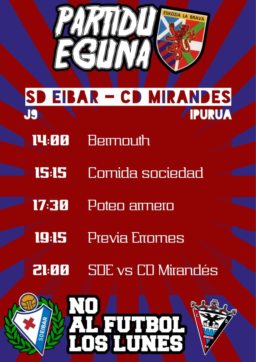 EskoziaLaBrava's tweet photo. ⚽🍺 MATCH DAY 🍺⚽
Todo preparado para recibir como más nos gusta en Eibar a la hintxada rojilla @Komandomirandes @jjabatoscdm. Pese al deleznable horario impuesto por la mafia, gran día de puro fútbol a la vista.
#NoAlFútbolLosLunes
#NoEsFútbolEsLaLiga
#EibarMirandés https://t.co/34JZUAExJO