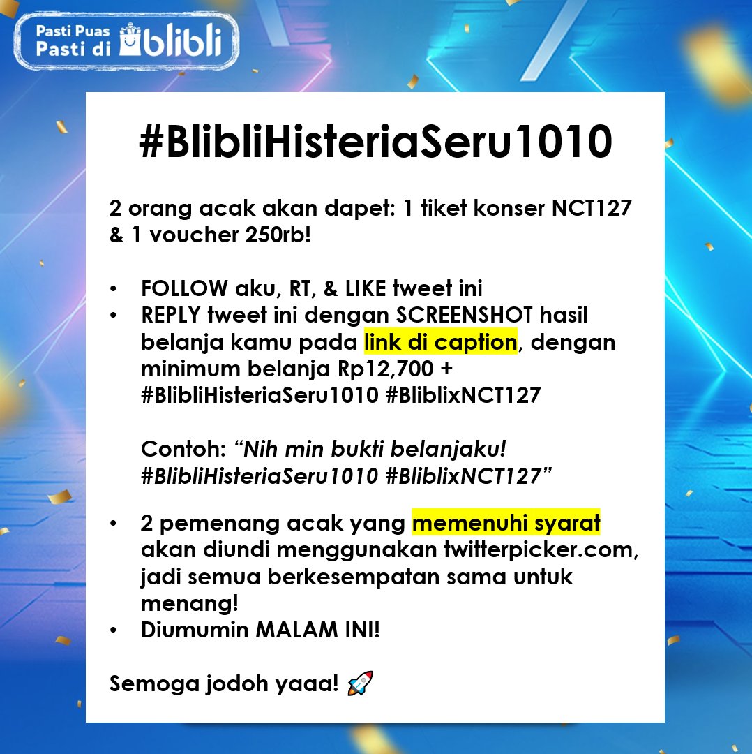 bliblidotcom's tweet photo. Mau tiket konser NCT127 + voucher belanja 250rb secara ✨𝙘𝙪𝙢𝙖-𝙘𝙪𝙢𝙖✨?

Ini link-nya: https://t.co/PBWgqg7BmK, yuk submit di tweet ini ya! 👇

#BlibliHisteriaSeru1010 #BliblixNCT127 https://t.co/Bmdh6p9wNd