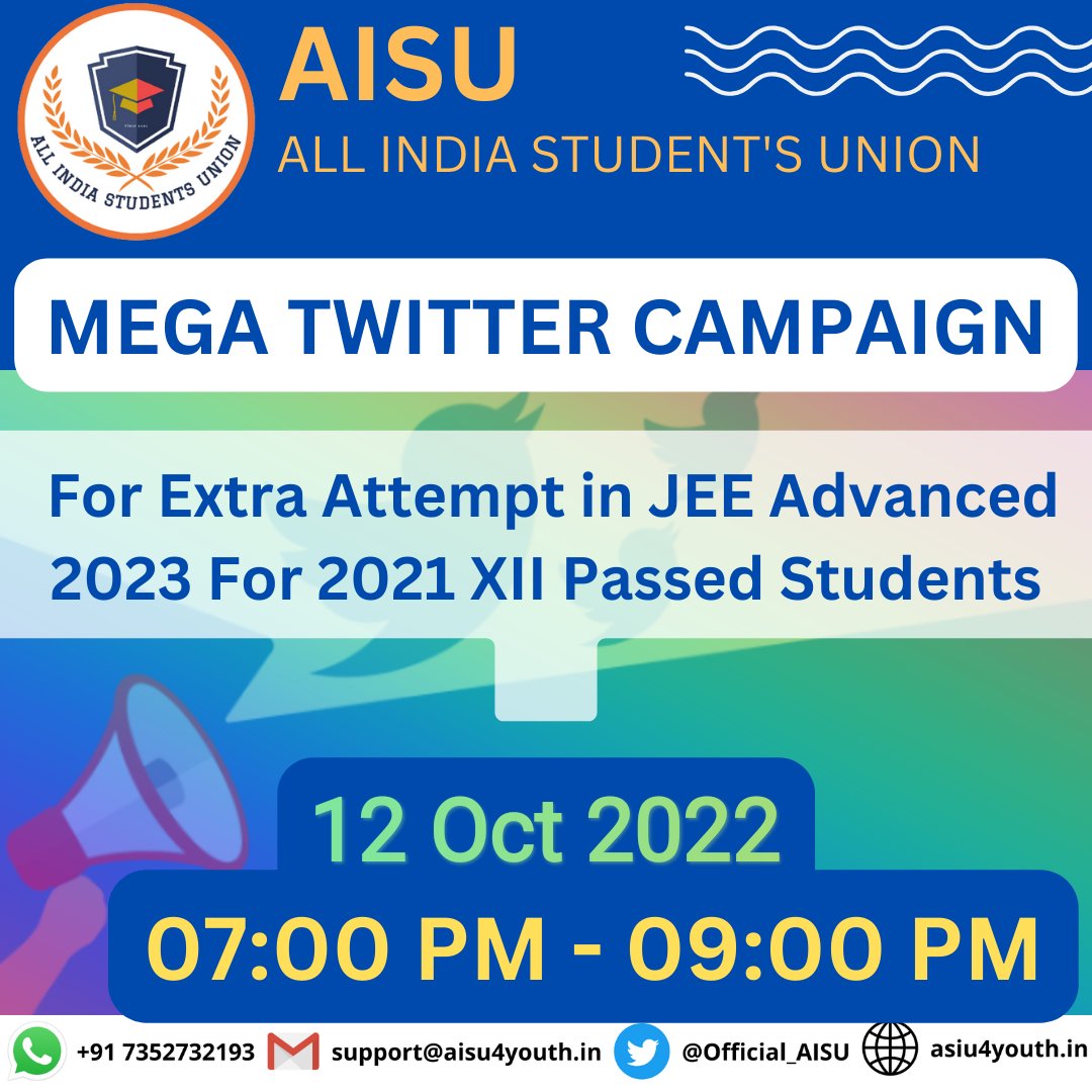 prachi2112v's tweet photo. Attention ⚠️ #JEEAdvanced2023 Aspirants. 

Mega Twitter Campaign lead by @Official_AISU For an Extra Attempt in JEE Advanced 2023 For 2021 (XII) Passed Students. 
Date: 12 Oct 2022, Wed
Time: 07:00 PM - 09:00 PM
Hashtag: Will be Announced by the Team AISU. https://t.co/E72kVxWZw9