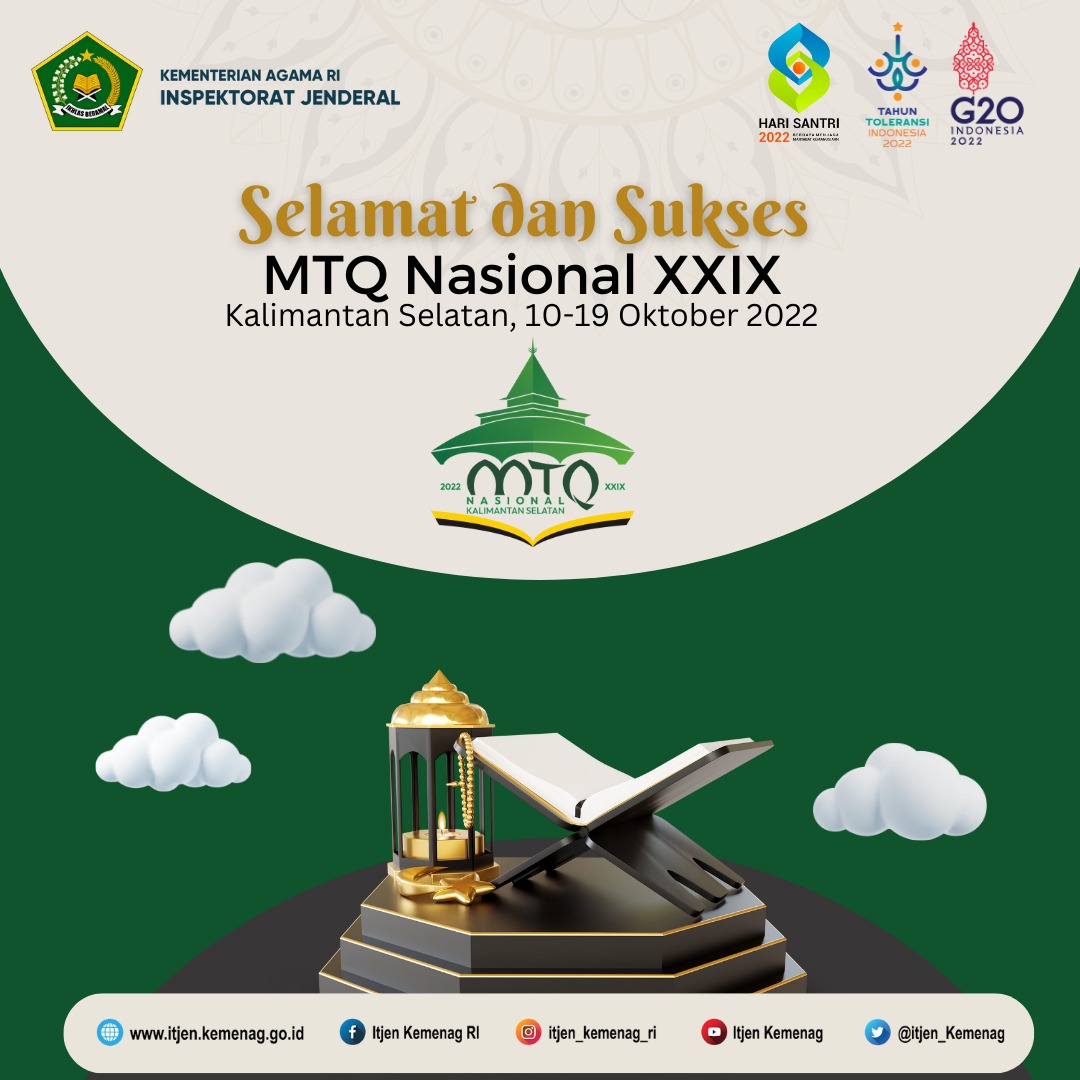 Keluarga besar Inspektorat Jenderal Kementerian Agama RI mengucapkan Selamat dan Sukses MTQ Nasional XXIX di Kalimantan Selatan⁣
10 s.d. 19 Oktober 2022

#tahuntoleransi2022 
#ModerasiBeragama 
#tahuntoleransi